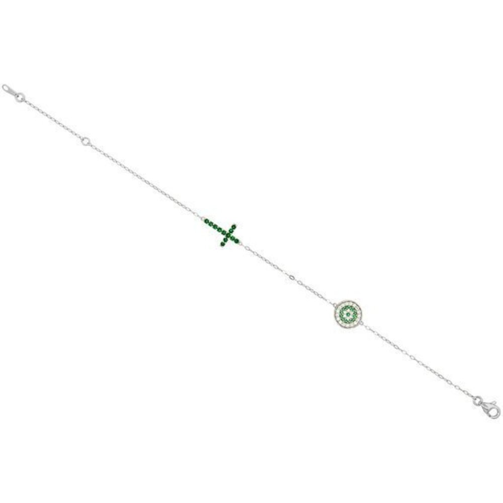 Sterling Silver CZ Green Cross Evil Eye Bracelet